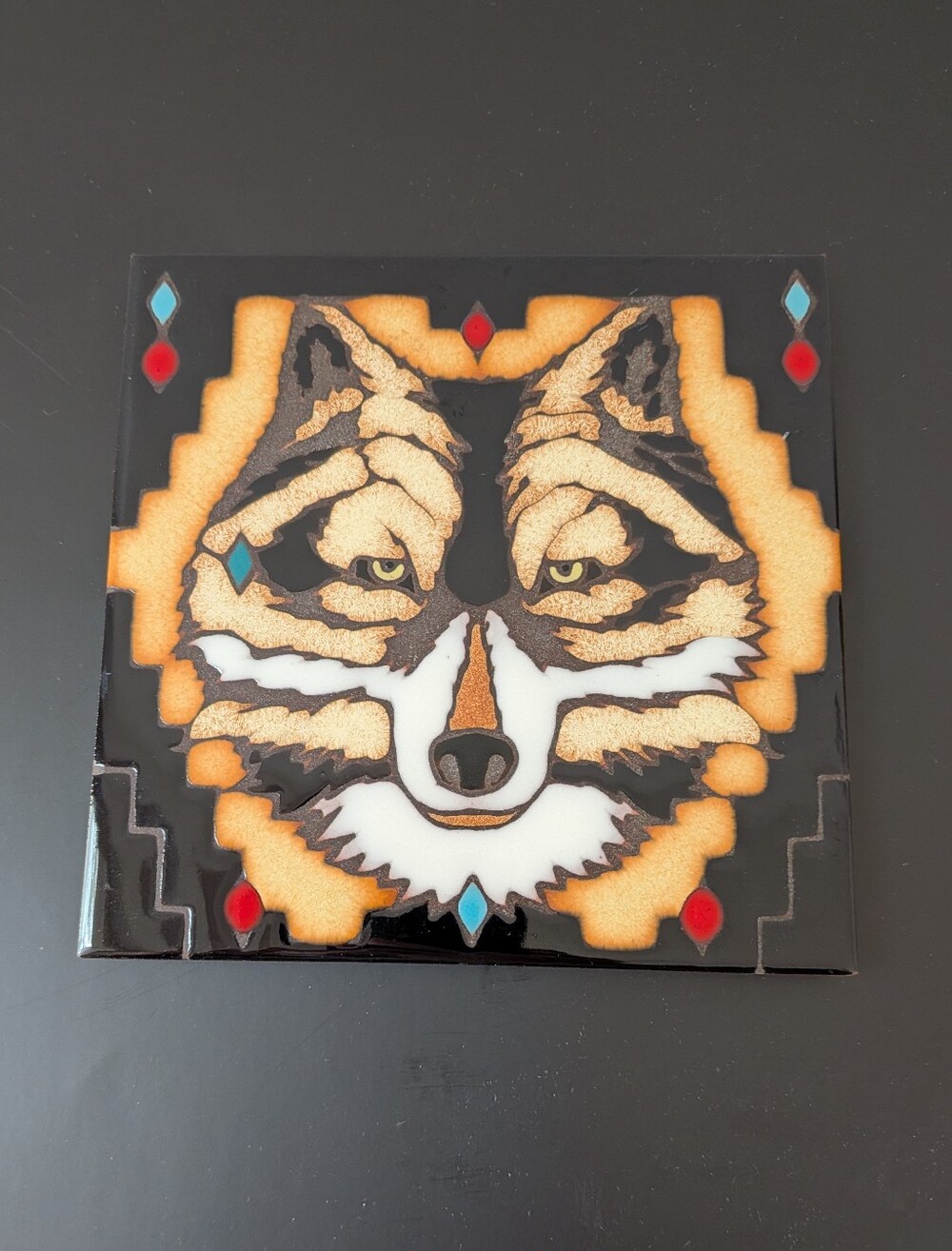 Masterworks Handcrafted Art Tile Wolf Trivet Native American 6"x6"